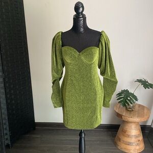 Verina Green Metallic Puff Shoulder Dress (L)